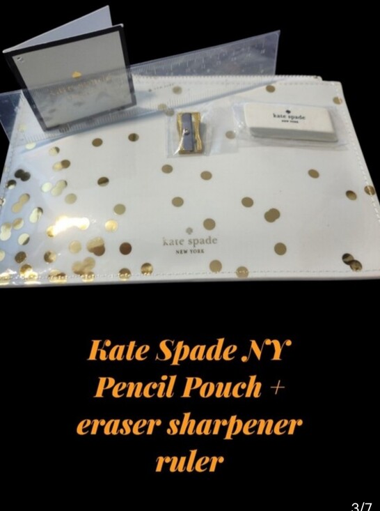 kate spade Handbags - KATE SPADE CONFETTI VINYL PENCIL POUCH 8 X 6 GOLD DOTS + RULER ERASER SHARPENER